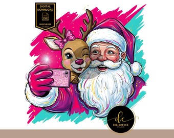 Santa Selfie with Reindeer PNG | Kids Christmas Sublimation | Neon Christmas Clipart | Sublimation Digital Download