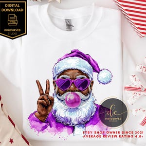 Trendy Black Santa Claus PNG | African American Santa | Santa Blowing Bubblegum |  Sublimation | Black Santa PNG | Funny Santa