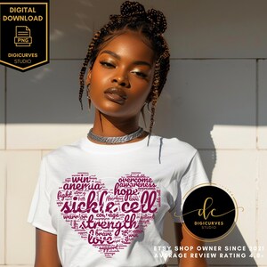 May include: White t-shirt with a heart-shaped design containing the words "sickle cell" and related terms in a maroon color. The shirt also features the text "DIGICURVES STUDIO" and "ETSY SHOP OWNER SINCE 2021".