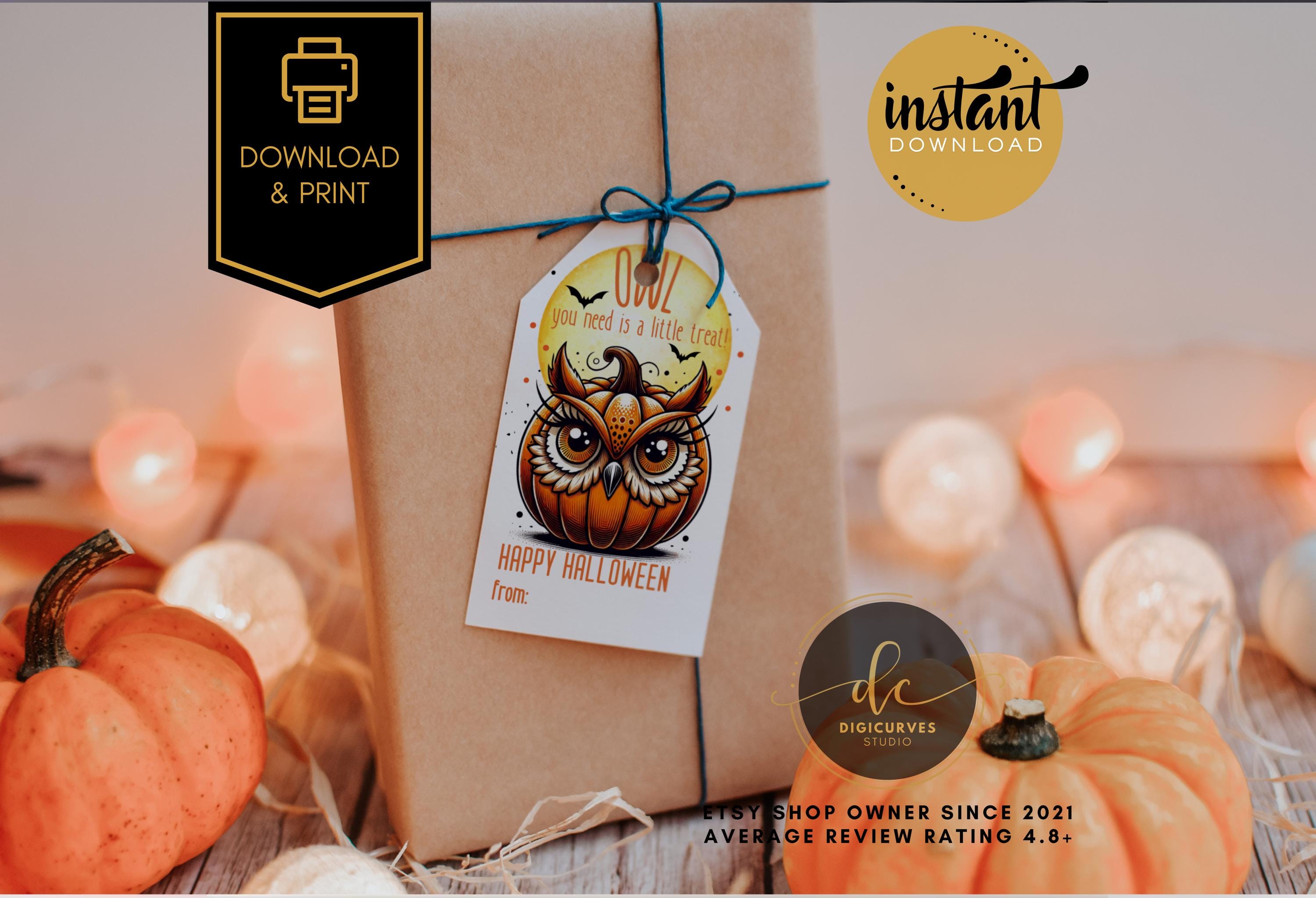 Printable Halloween Treat Bag Tag | Owl Pumpkin Design | Printable PDF Halloween Treat Tag | Trick o