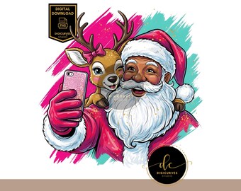 Black Santa and Reindeer Selfie PNG | Neon Christmas Santa Clipart | Christmas PNG | Cute Reindeer | Bright Holiday Sublimation Download