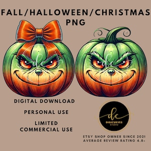 Grinch Inspired Pumpkin PNG | Sublimation | Fall Meets Christmas | Funny Holiday Printable for T-Shirt, Mugs | Halloween Grinch Coquette Bow