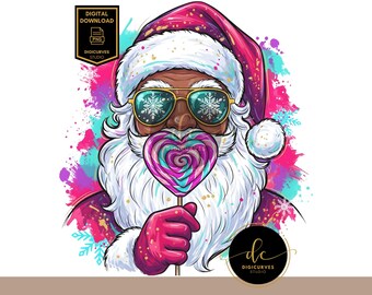 Black Santa Christmas PNG: Heart Lollipop | Neon Christmas Clipart | Bright Holiday Candy Cane Art | Sublimation Digital Download