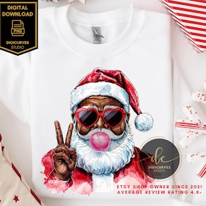 Trendy Black Santa Claus PNG | African American Santa | Santa Blowing Bubblegum |  Sublimation | Black Santa Clipart | Funny Santa