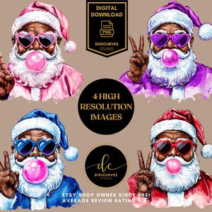 Trendy Black Santa Claus PNG | African American Santa | Santa Blowing Bubblegum |  Sublimation | Black Santa PNG | Funny Santa