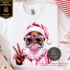 Trendy Black Santa Claus PNG | African American Santa | Santa Blowing Bubblegum |  Sublimation | Black Santa PNG | Funny Santa