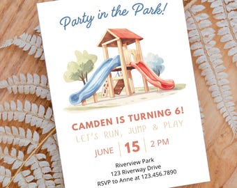 Plantilla de invitación de cumpleaños para parque infantil, invitación editable para fiesta en el parque (impresión digital)