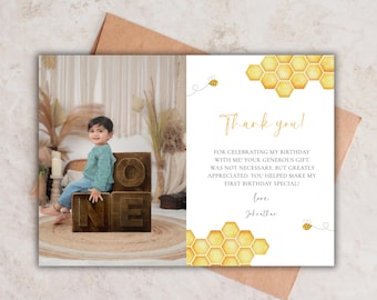 Bumble Bee First Birthday Thank You Card Template (Digital Download)