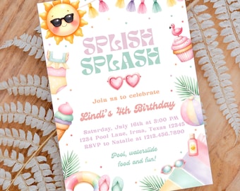 May include: A colorful invitation for Lindi's 4th birthday party. The design features a sun wearing sunglasses, the words "SPLISH SPLASH", and illustrations of a flamingo, ice cream, and a beach ball. The invitation includes party details.