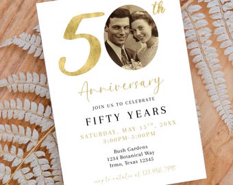 Gold 50th Anniversary Photo Invitation Template (Digital Download)