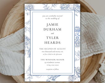 Editable Blue Floral Wedding Invitation Template, Printable & Digital Invite, Elegant Classic Wedding Invite Suite, Instant Download