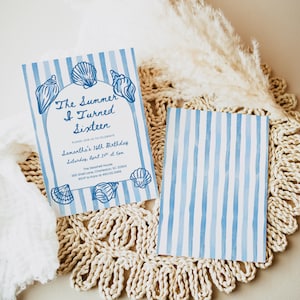 May include: Two invitation cards with a blue and white striped design. One card features the text "The Summer I Turned Sixteen" with seashell illustrations. The second card has a blue and white striped pattern.