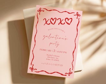 Editable Galentine's Day Invitation Template, Coquette Pink Bow Invitation, XOXO Hearts Party Invite, Instant Download