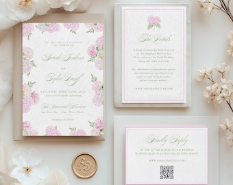 Editable Wedding Invitation Suite Template, Pink Hydrangea Wedding Invitation Suite, Printable Pastel Floral Wedding Invite