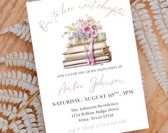 On To Next Chapter Graduation Invitation, Vintage Book Graduation Celebration, Stacked Book Grad Party Invitation Template, Digital Download