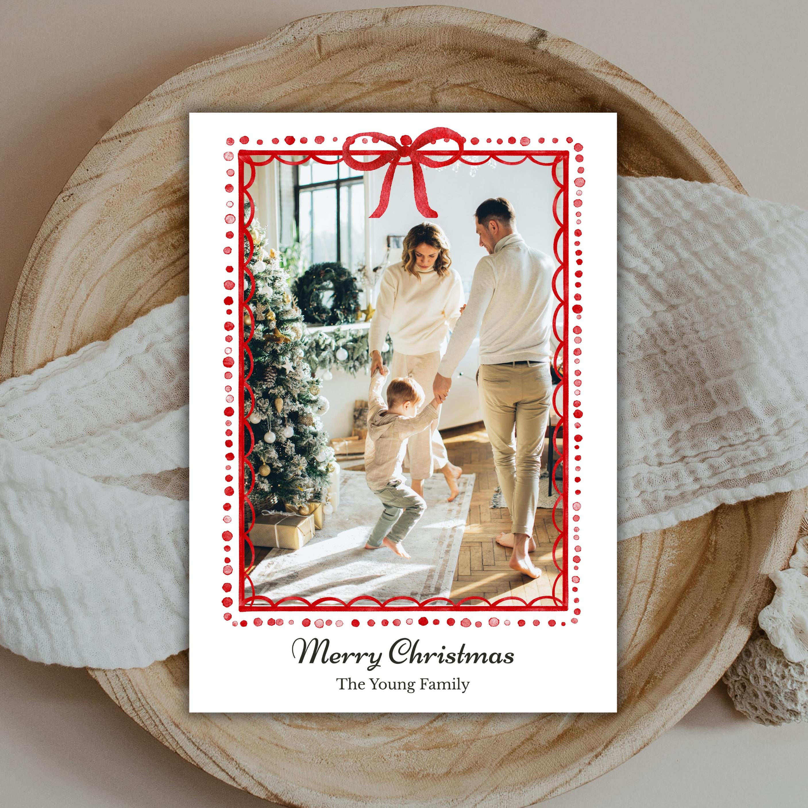 Modern Elegant Red Bow Christmas Card Template | Editable Holiday Photo ...
