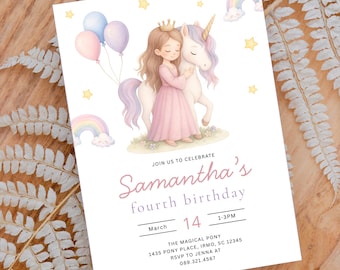 May include: A birthday invitation featuring a girl in a pink dress hugging a unicorn, with balloons and a rainbow. The invitation reads "Samantha's fourth birthday" with the date March 14th.