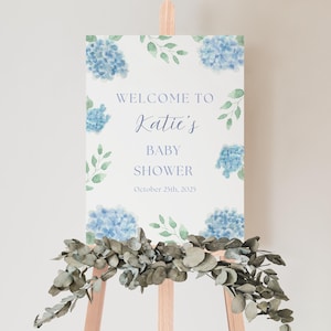 Hydrangea Baby Shower Welcome Sign, Blue Baby Shower Sign, Blue Hydrangea Baby Shower Decor, Boy Baby Shower, Watercolor Hydrangea H74