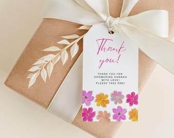Editable Floral Thank You Tags, Pink Flower Birthday Favor Tags, Printable Boho Wildflower Gift Tags, Summer Girl Birthday Party F8