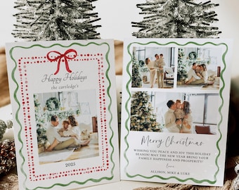 May include: Two Christmas cards with family photos. One card reads "Happy Holidays" with a red bow and a green border. The other card says "Merry Christmas" with family photos and a green border. The cards are decorated with red dots.