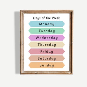Days of the Week Educational Poster Template in English and Spanish, Montessori Educational Poster Bilingual Printable, Homeschool Classroom