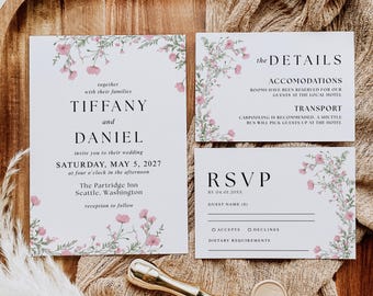 May include: A wedding invitation suite featuring a main invitation, details card, and RSVP card. The cards are white with pink floral accents and black text. The main invitation reads "Tiffany and Daniel" and the wedding date. A gold wax seal and stamp are also present.