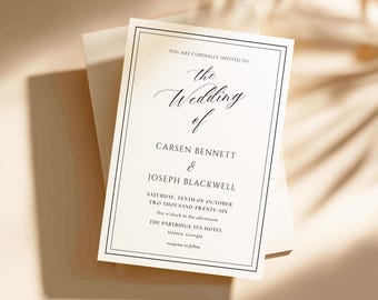 Classic Black and White Wedding Invitation, Modern Minimalist Wedding Invitation, Calligraphy Wedding Invite, Instant Download