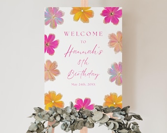 Bright Floral Birthday Welcome Sign Template, Watercolor Flower Birthday Sign, Girl Birthday Party Decor, Digital Download F8