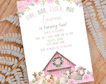 Pink Farm Animals Birthday Invitation Template (Digital Download)