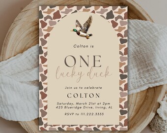 One Lucky Duck Birthday Invitation, Mallard Duck Invitation, Camo 1st Birthday, Digital Download