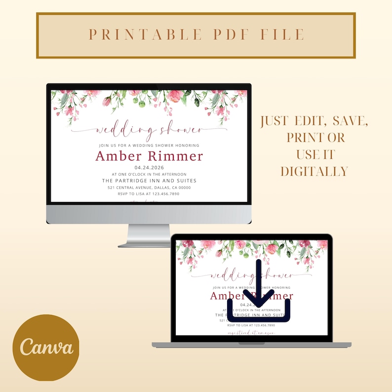 Editable Floral Wedding Shower Invitation Template, Pink Watercolor ...