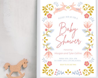 Floral Bunny Baby Shower Invitation, Spring Theme (Editable Template)