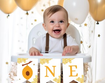 Banner de silla alta para primer cumpleaños de Bumble Bee (plantilla de Canva)