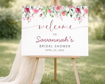 Editable Bridal Shower Welcome Sign Template, Floral Bridal Shower Sign, Pink Watercolor Flowers Wedding Shower Sign