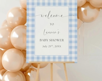 Blue Gingham Baby Shower Welcome Sign (Digital Download)
