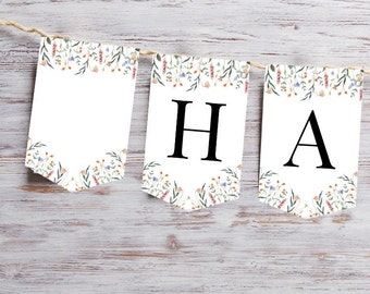 Modelo de banner floral de feliz aniversário, decoração de festa com flores silvestres (download digital)
