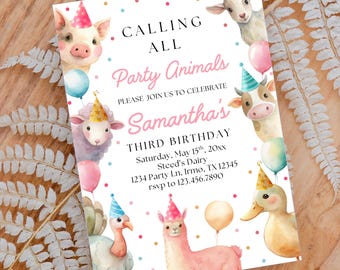 Watercolor Farm Animals Birthday Invitation: Pink Party (Digital Download P41