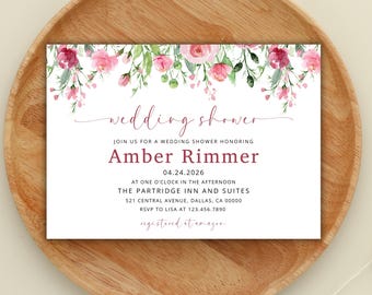 Editable Floral Wedding Shower Invitation Template, Pink Watercolor Flower Bridal Shower Invite, Boho Garden Party, Digital Download