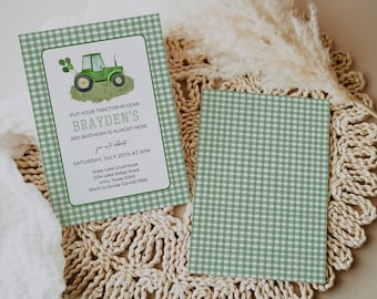 Green Tractor Farm Birthday Invitation, Gingham Party (Digital Download)