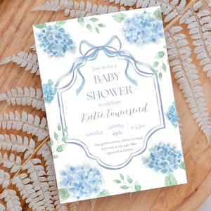 Hydrangea Baby Shower Invitation, Blue Flower Baby Shower, Watercolor Hydrangea Shower Invite, Editable Template, Digital Download H74