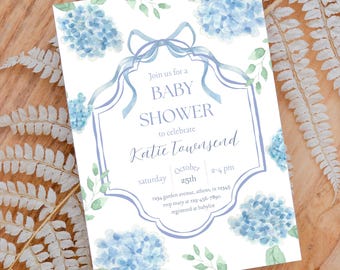 Hydrangea Baby Shower Invitation, Blue Watercolor Flowers (Digital Download)