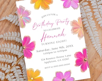 Pink Floral Birthday Invitation Template, Girls Flower Birthday Party Invite, Bright Floral Kids Birthday Invite, Digital Download F8