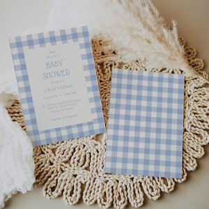 Blau Gingham-Babypartyeinladung Junge Gingham Einladungsvorlage, druckbare Baby-Duscheeinladung Junge-Baby-Dusche, digitaler Download