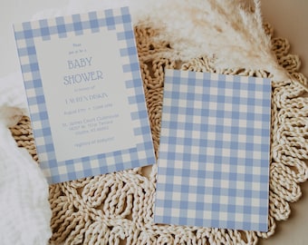 Blue Gingham Baby Shower Invitation Template (Digital Download)