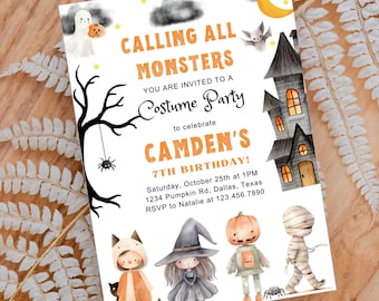 Halloween Birthday Invitation, Monsters Costume Party (Digital Download)