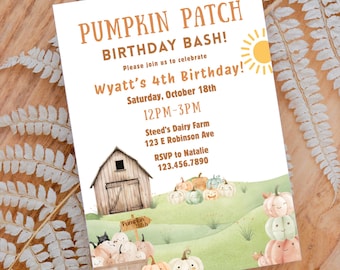 Pumpkin Patch Birthday Invitation, Fall Farm Party (Canva Template)