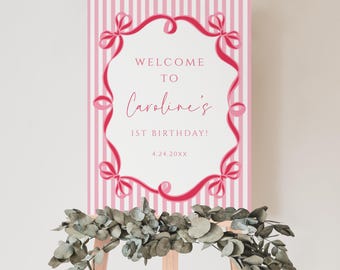Pink Bow Birthday Welcome Sign, Coquette 1st Birthday Decorations, Girl First Birthday Party, Preppy Pink Stripes, Editable Digital Download
