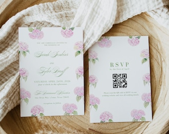 Editable Wedding Invitation Template, Pink Floral Hydrangea Invite, Spring Summer Wedding