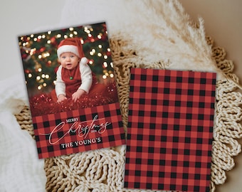 Rustic Buffalo Plaid Photo Christmas Card Template (Digital Download)