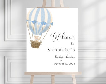 Blue Hot Air Balloon Baby Shower Welcome Sign, Editable Template